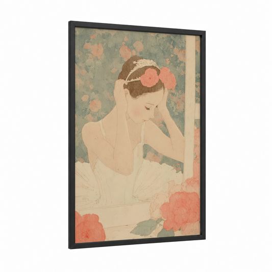 Dreaming Ballerina framed ballet print — black wood frame — sage green and peach palette