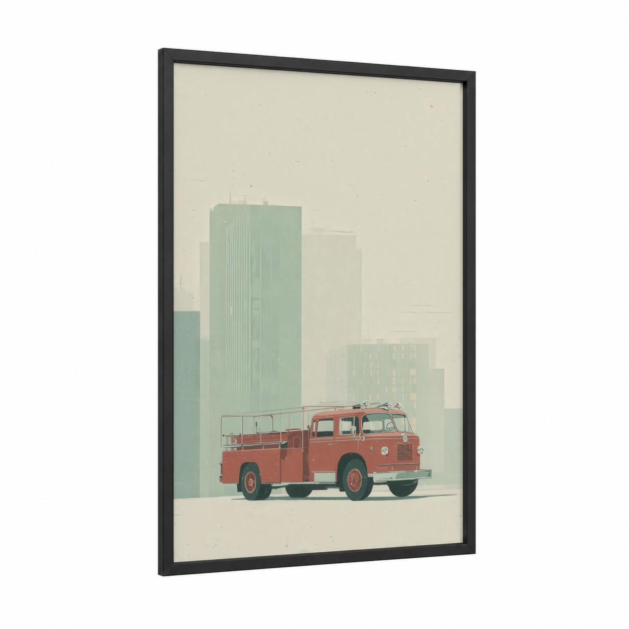 Vintage Fire Engine framed art print — black wood frame — cream and light green palette