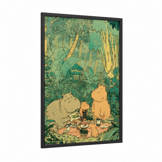 Jungle Picnic Hippos framed art print — black wood frame — light green and yellow gold palette