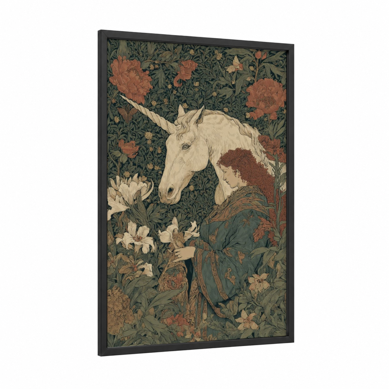 Maiden Unicorn framed unicorns print — black wood frame — sage green and russet palette
