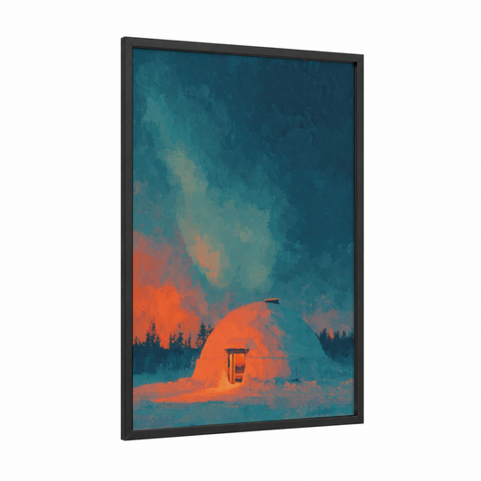 Neon Dome Sunset framed art print — black wood frame — teal and orange palette