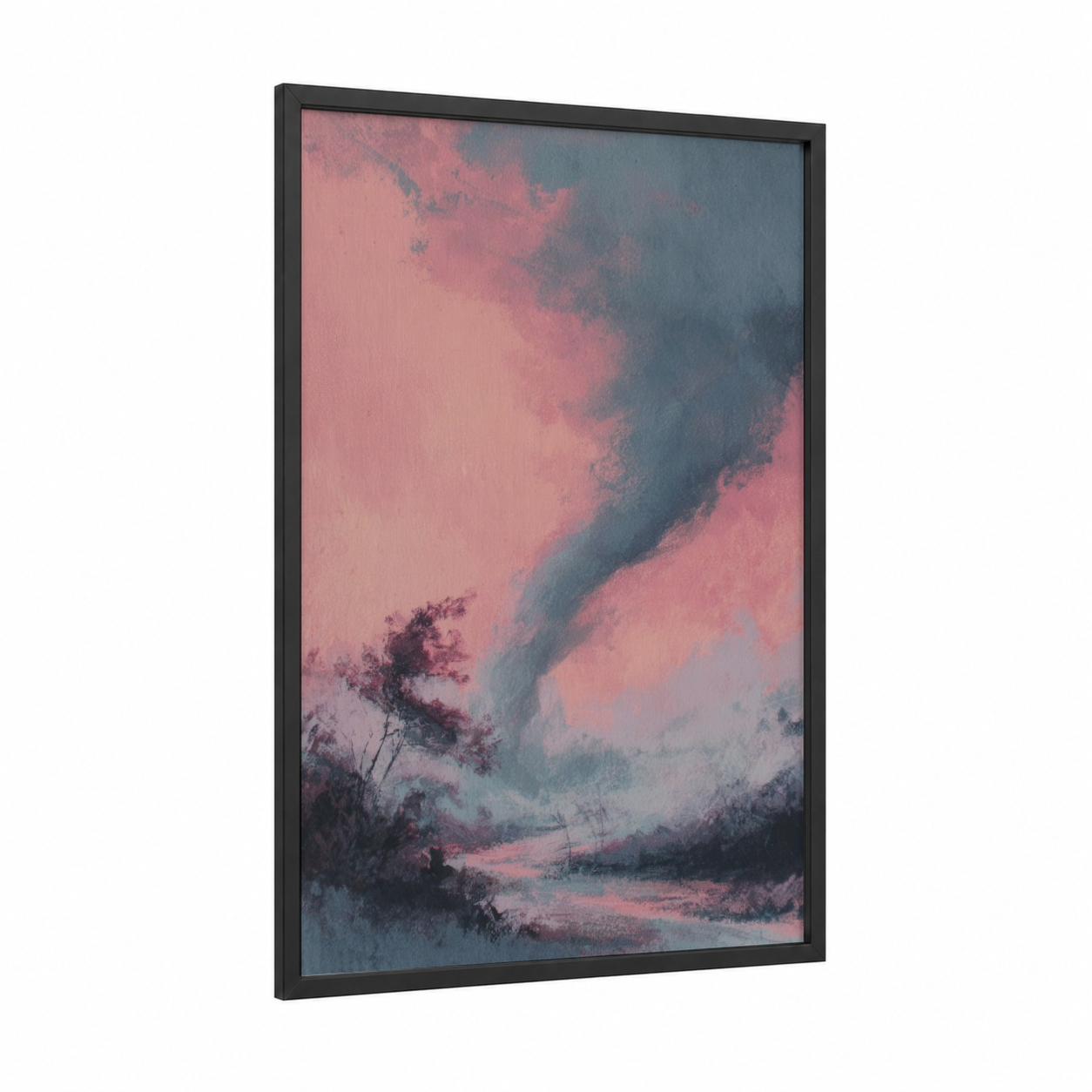 Crimson Tornado framed art print — black wood frame — salmon pink and dove gray palette