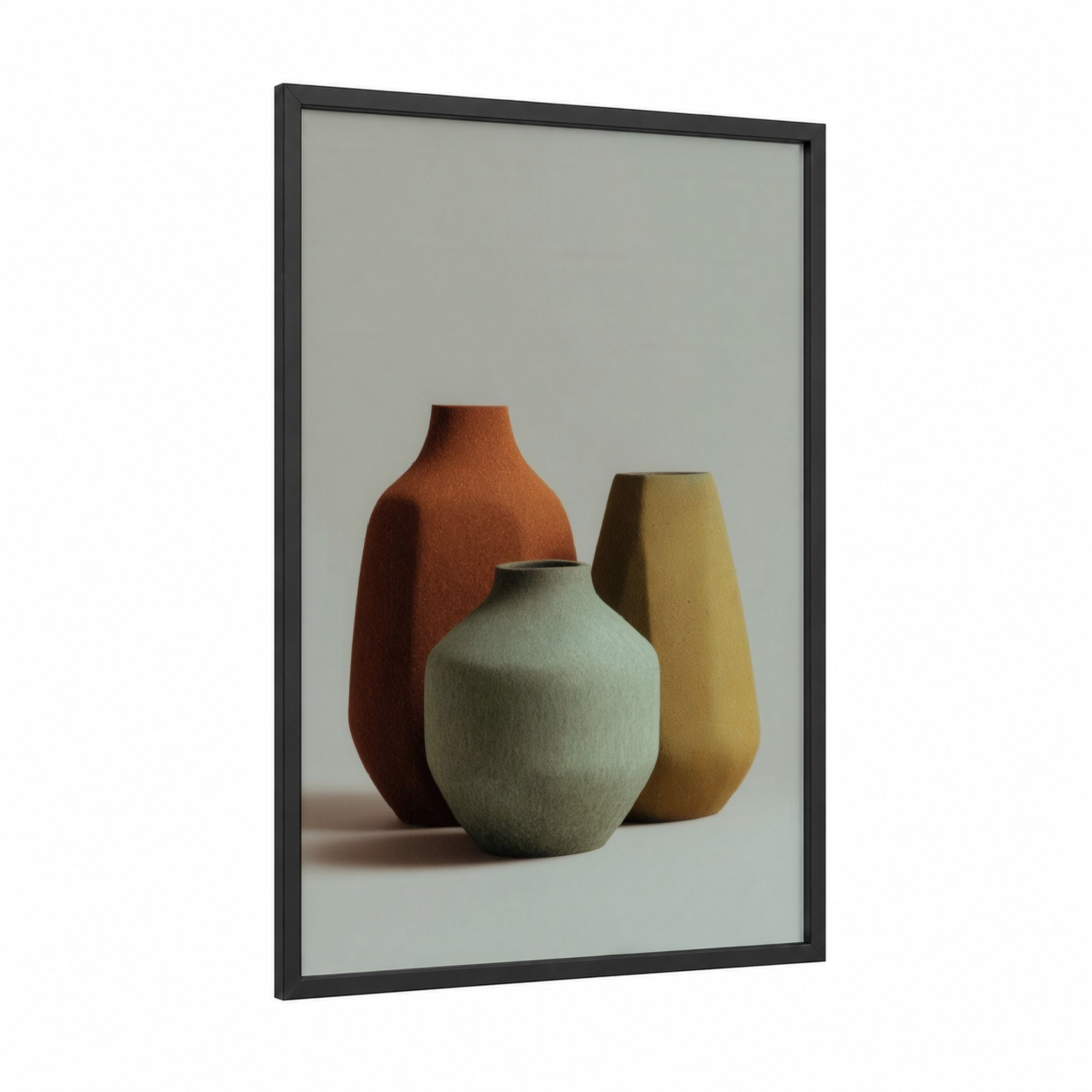 Earthy Ceramic Trio framed pottery print — black wood frame — russet and sage green palette