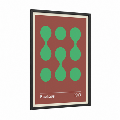 Bauhaus Circles framed abstract geometric print — black wood frame — true green and russet palette
