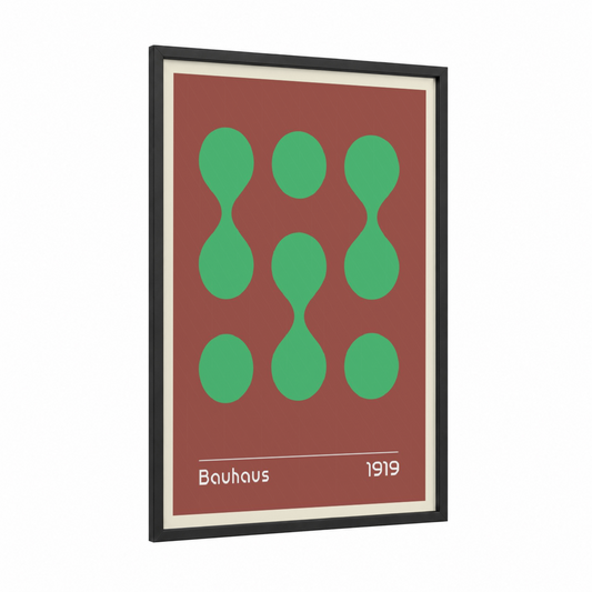 Bauhaus Circles framed abstract geometric print — black wood frame — true green and russet palette