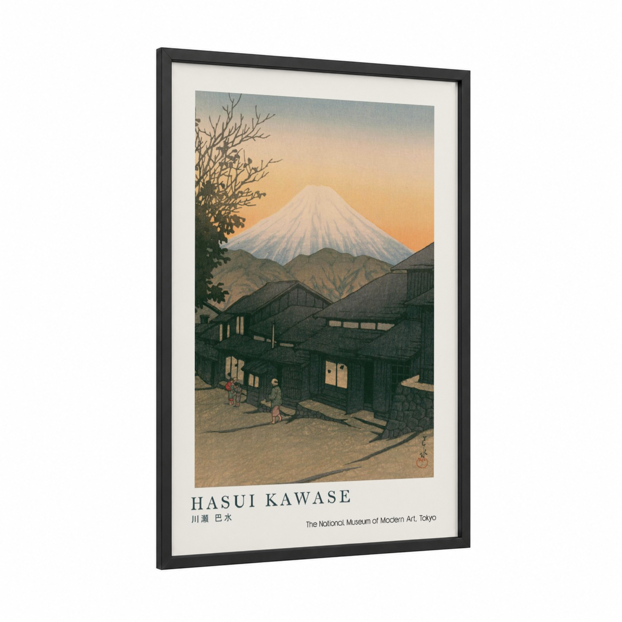 Snowy Mount Fuji framed art print — black wood frame — gold and black palette