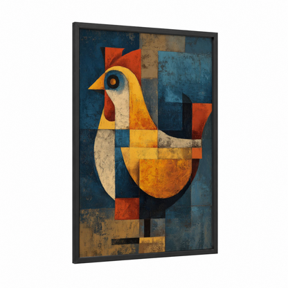 Geometric Rooster framed chicken and roosters print — black wood frame — gold and teal palette