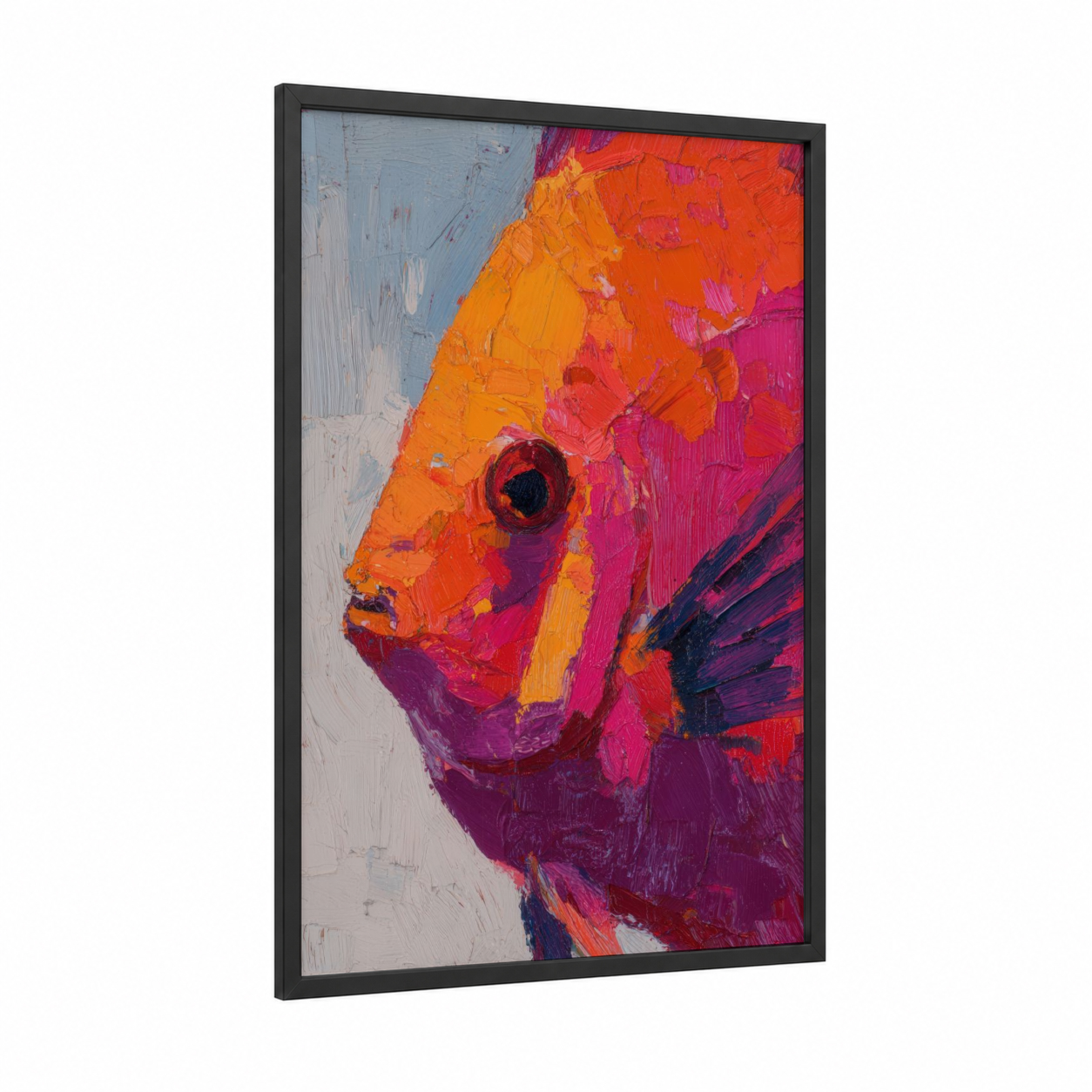 Crimson Discus Portrait framed discus fish print — black wood frame — orange and magenta palette