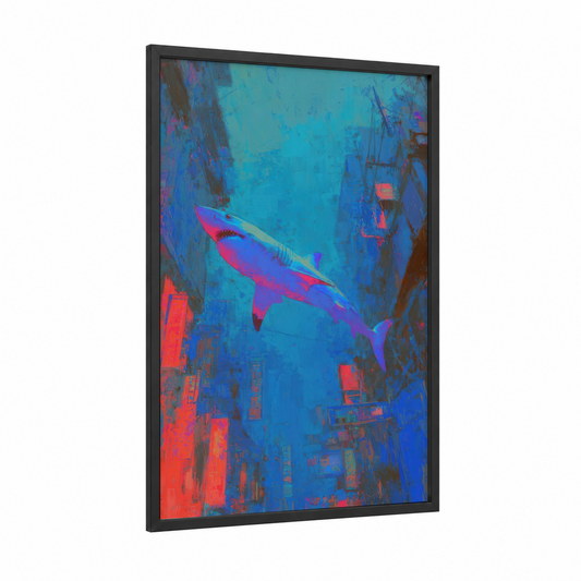 Neon Blue Shark framed art print — black wood frame — blue and magenta palette