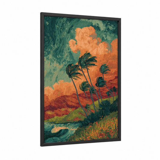 Windswept Storm framed art print — black wood frame — orange and dark green palette