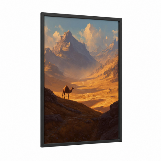 Desert Camel Golden framed art print — black wood frame — gold and blue palette