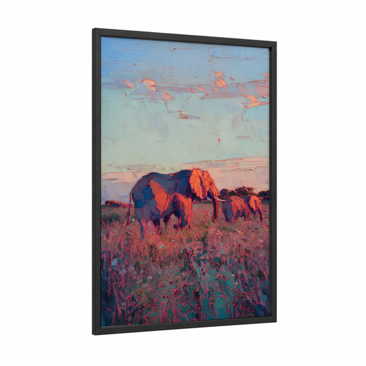Golden Savanna Elephants framed art print — black wood frame — gold and salmon pink palette