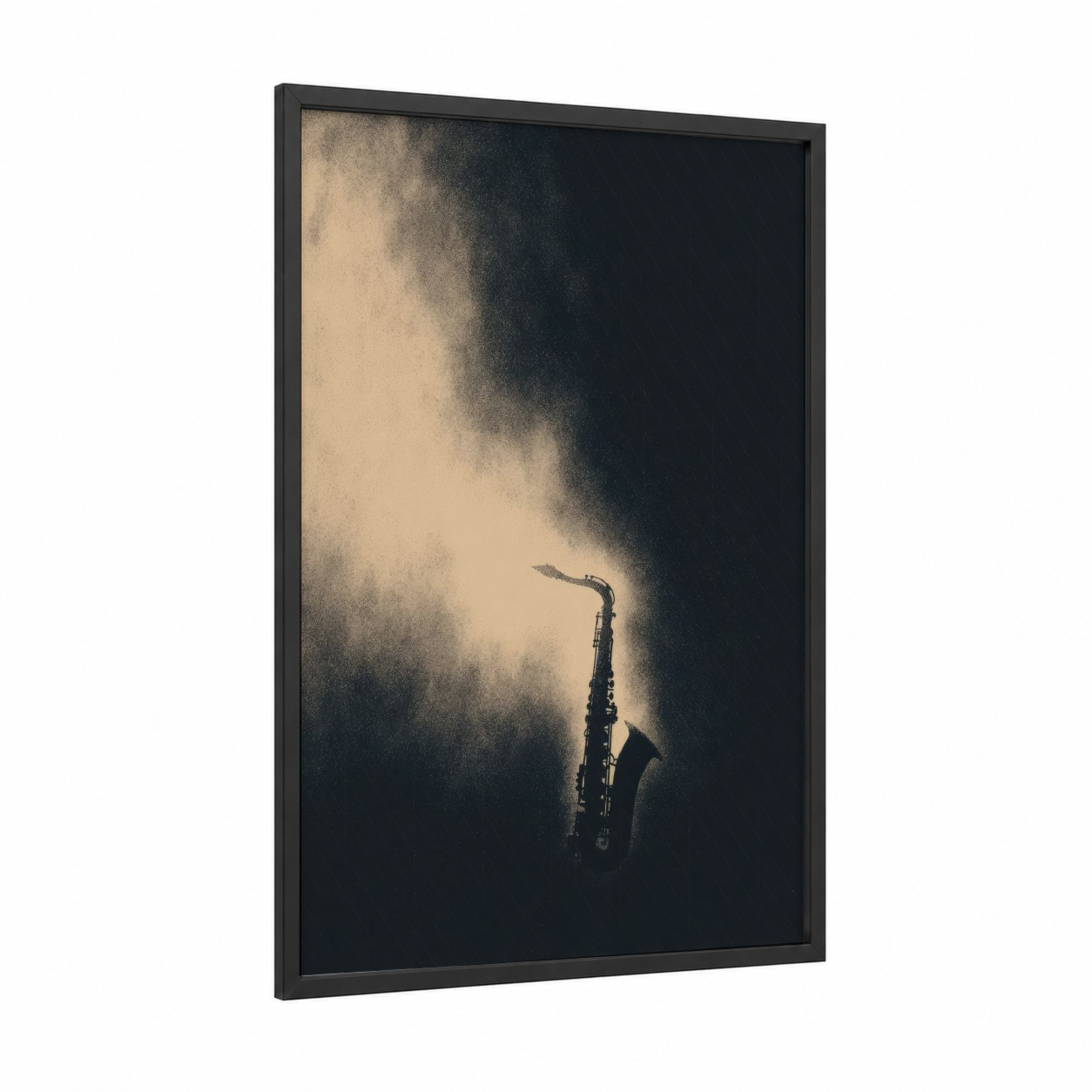 Smoky Saxophone framed art print — black wood frame — black and white and champagne gold palette