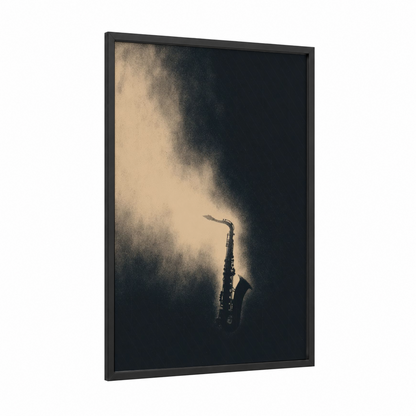 Smoky Saxophone framed art print — black wood frame — black and white and champagne gold palette