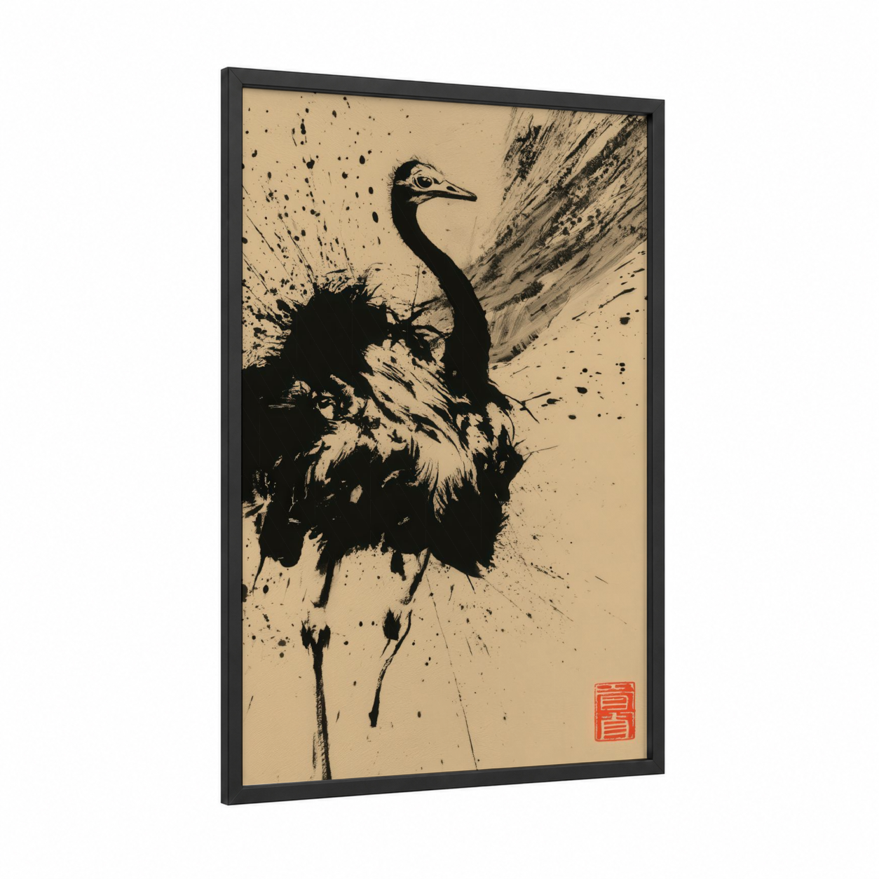Expressive Ostrich framed art print — black wood frame — black and white and cream palette