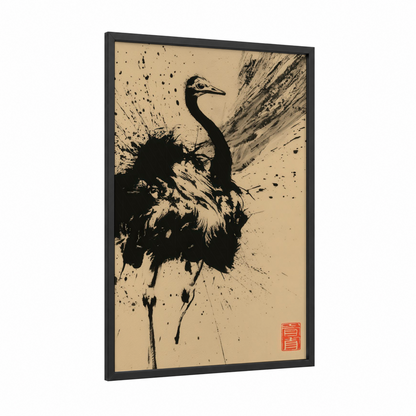 Expressive Ostrich framed art print — black wood frame — black and white and cream palette