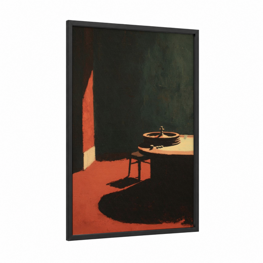 Crimson Roulette framed art print — black wood frame — pumpkin and dark green palette