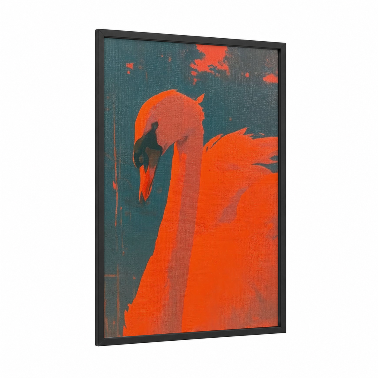 Crimson Swan framed art print — black wood frame — orange and teal palette