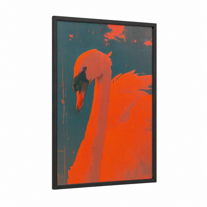 Crimson Swan framed art print — black wood frame — orange and teal palette