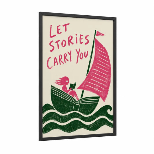 Pink Parrot Reading Boat Wall Art framed art print — black wood frame — pink and dark green palette