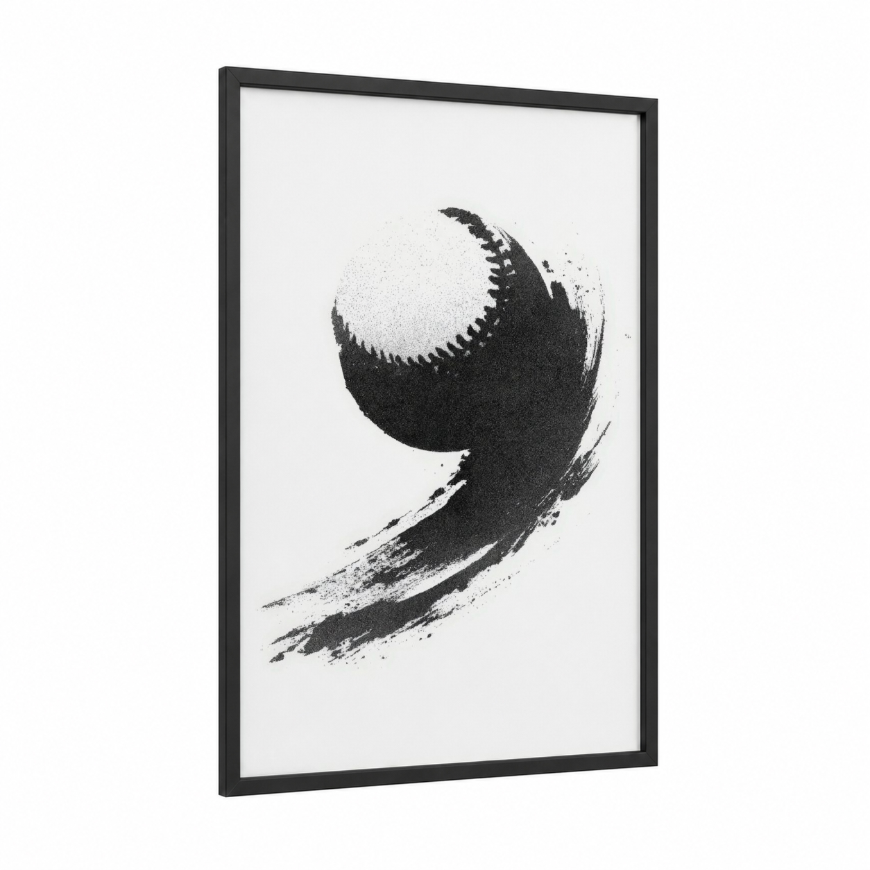 Brushstroke Baseball framed art print — black wood frame — black and white palette