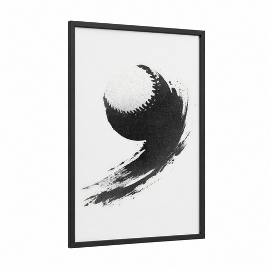 Brushstroke Baseball framed art print — black wood frame — black and white palette