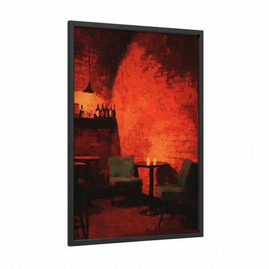 Crimson Jazz Bar framed art print — black wood frame — red and black palette