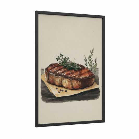 Rustic Meat Roast framed art print — black wood frame — cream and brown palette