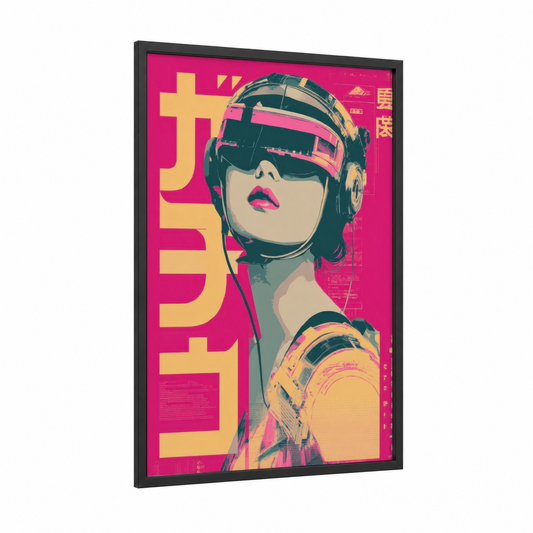 Neon Cyberpunk framed japanese retrofuturism print — black wood frame — magenta and yellow gold palette