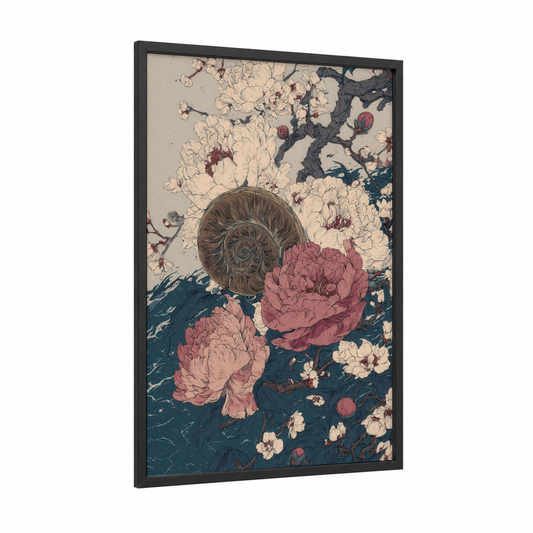 Nautilus Reverie framed art print — black wood frame — cream and rose gold palette
