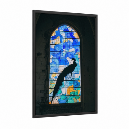 Stained Glass Peacock framed art print — black wood frame — blue and gold palette