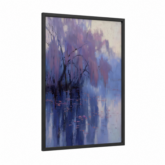 Misty Forest Reflection framed forest trees print — black wood frame — lavender and blue palette