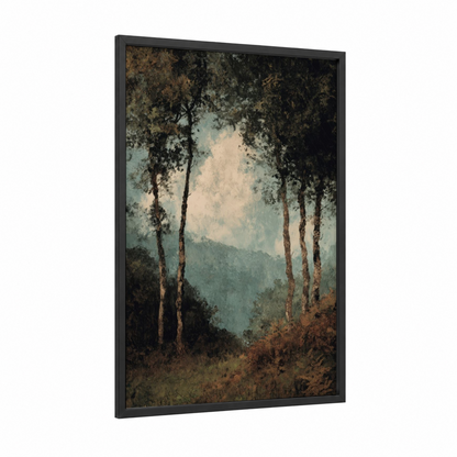 Misty Oak Forest framed art print — black wood frame — blue and brown palette