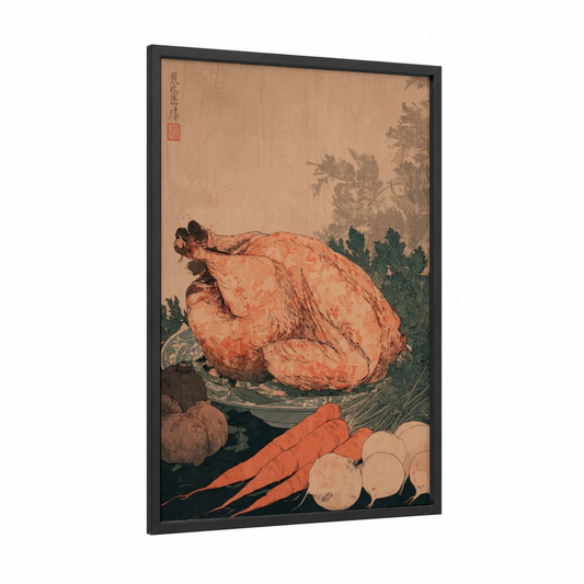 Roasted Poultry Still Life framed art print — black wood frame — dark green palette