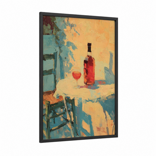 Sunset Wine framed rose wine print — black wood frame — gold and teal palette