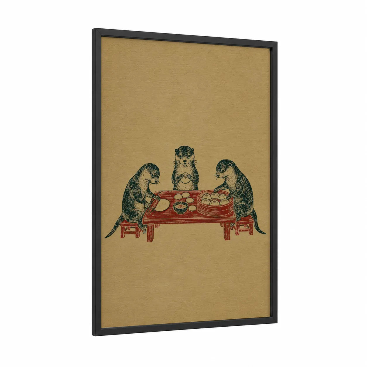 Otters Dining Japanese Style Wall Art framed food print — black wood frame — beige and red palette