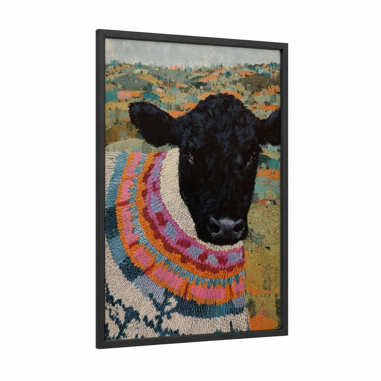 Cozy Angus Cow framed art print — black wood frame — blue and orange palette