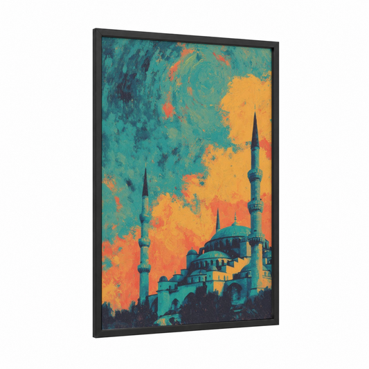 Hagia Sophia Sunset framed hagia sofia print — black wood frame — teal and gold palette