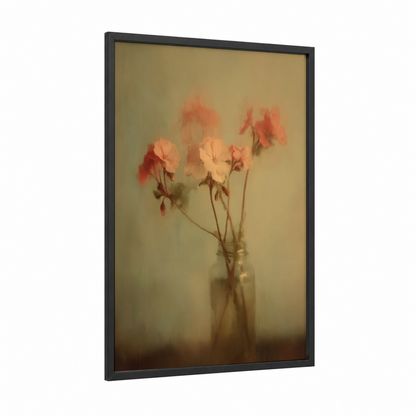 Faded Geranium framed art print — black wood frame — peach and cream palette