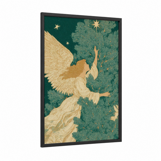 Celestial Angel Wings framed christmas print — black wood frame — teal and gold palette