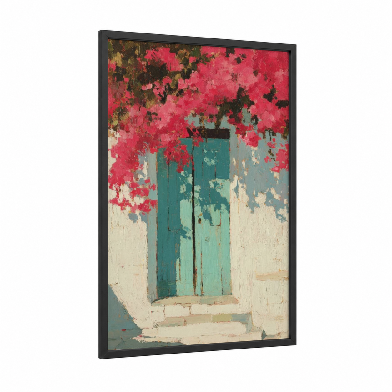 Turquoise Garden Gate framed art print — black wood frame — magenta and teal palette