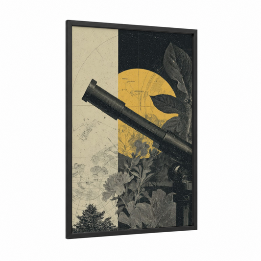 Celestial Spyglass framed art print — black wood frame — gold and black and white palette