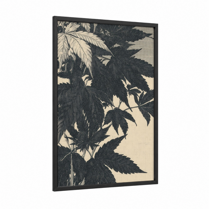 Shadow Leaf Study framed marijuana print — black wood frame — black and white palette