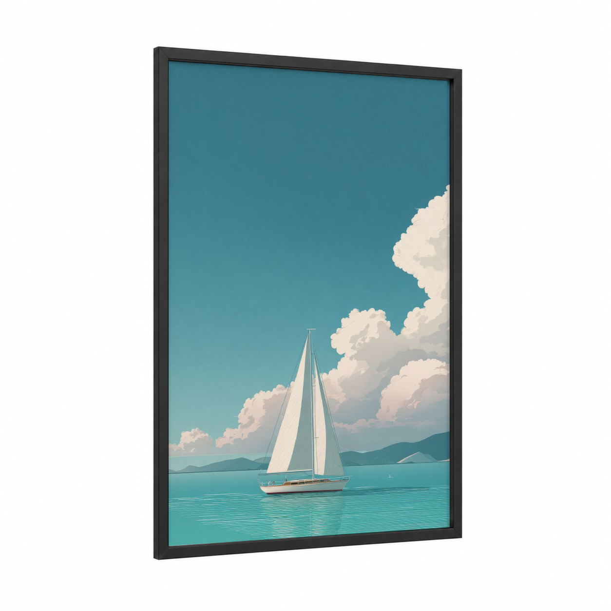 Serene Sailboat framed sailing ship print — black wood frame — teal and white palette