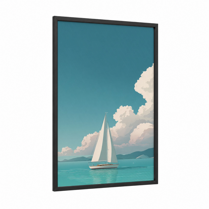 Serene Sailboat framed sailing ship print — black wood frame — teal and white palette
