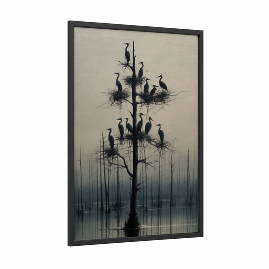 Heron Rookery framed art print — black wood frame — black and white and dove gray palette