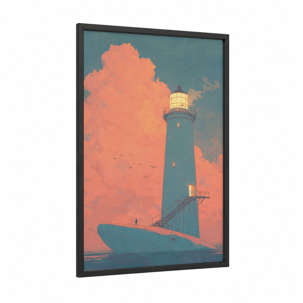 Crimson Beacon Lighthouse framed art print — black wood frame — salmon pink and blue palette