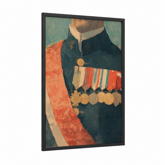 Decorated Officer Portrait framed veterans day print — black wood frame — teal and cream palette