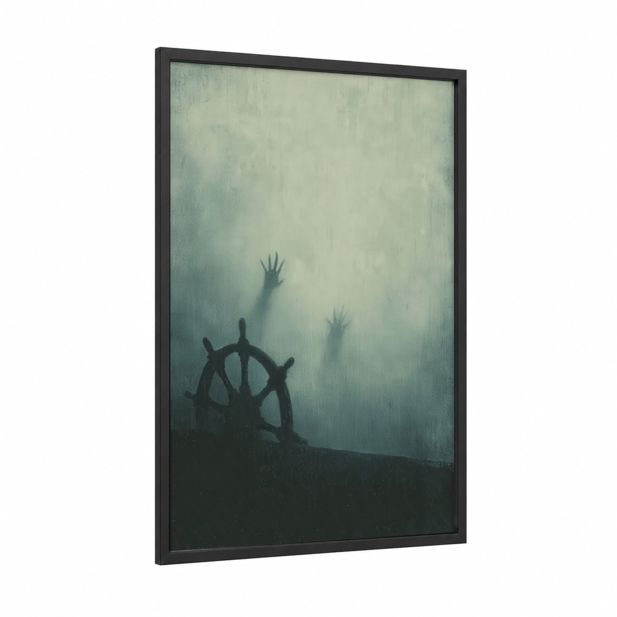 Ghostly Shipwheel framed art print — black wood frame — black and white and dove gray palette