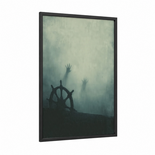 Ghostly Shipwheel framed art print — black wood frame — black and white and dove gray palette